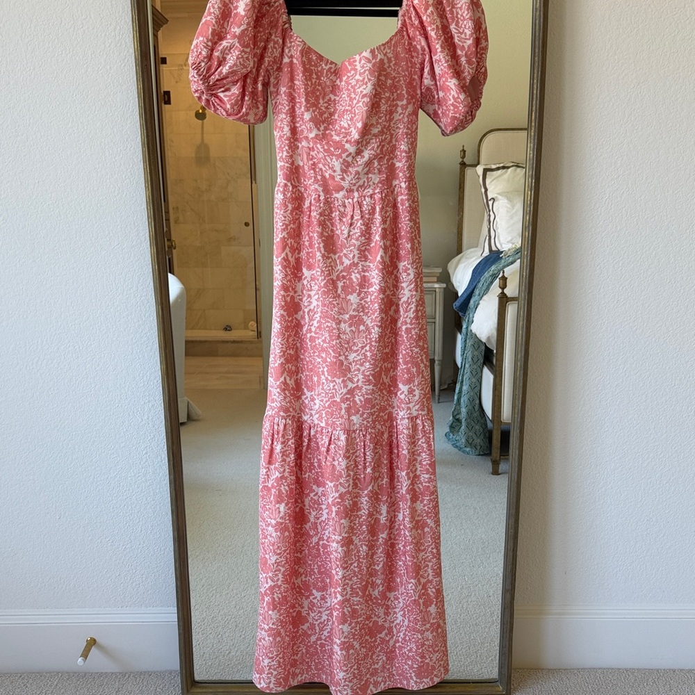 Pink Floral Puff-Sleeve Maxi Dress